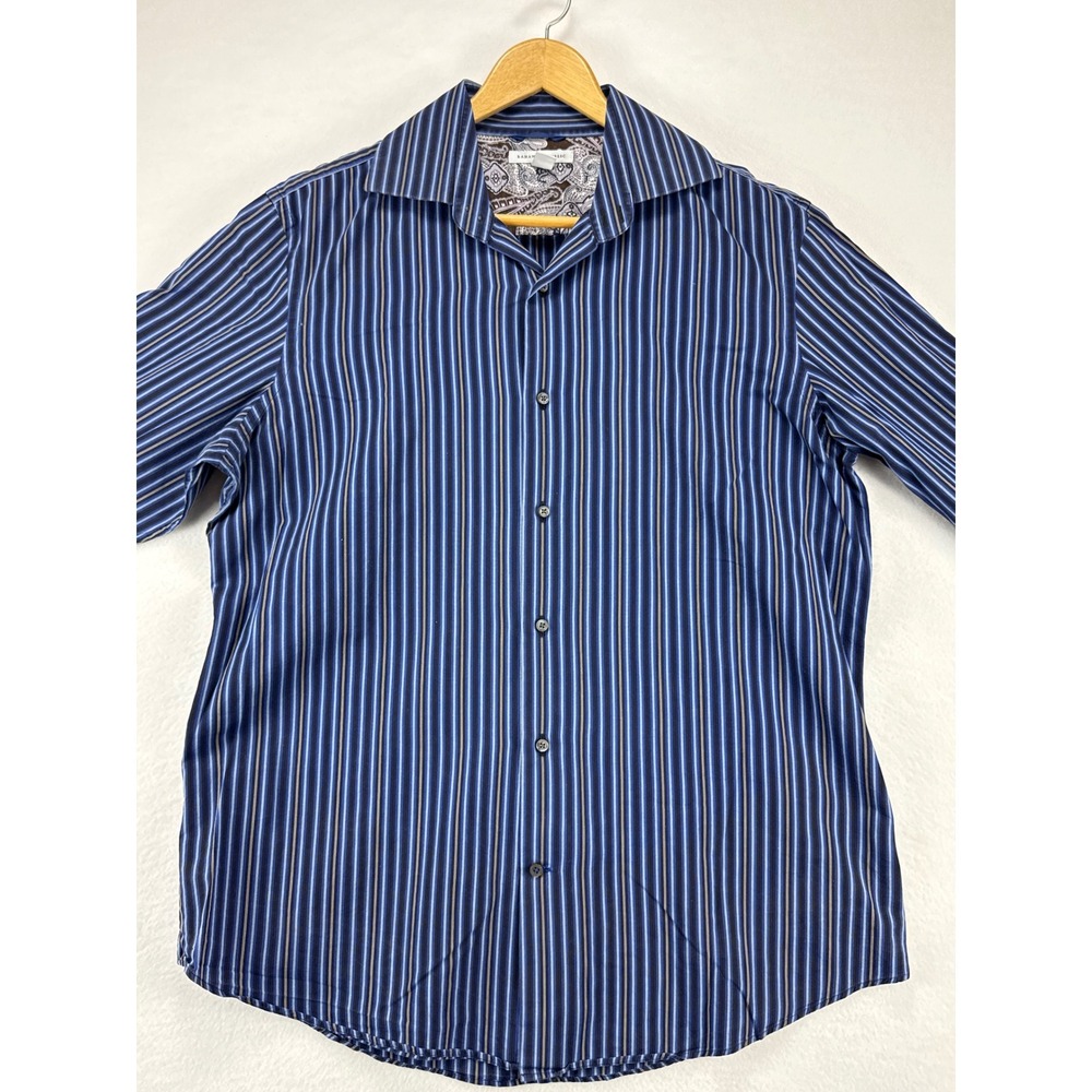 Banana Republic Dress Shirt Mens L Blue Striped Cotton French Cuff Paisley Trim